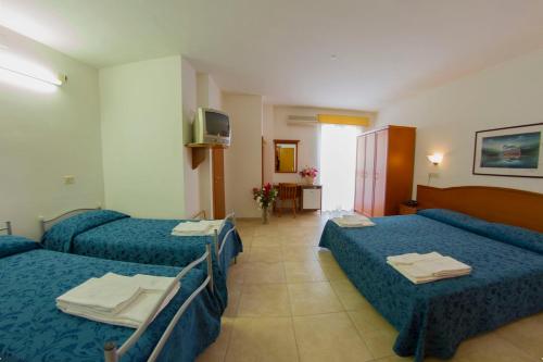 pokój hotelowy z 3 łóżkami i telewizorem w obiekcie Hotel Orchidea w mieście Peschici