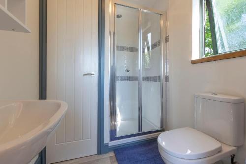 a bathroom with a shower and a toilet and a sink at Lynstone Lakes in Bude