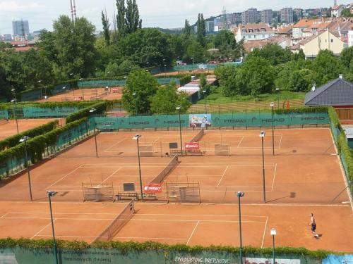 an overhead view of a tennis court with two people on it at Penzion U sv. Kryštofa in Prague