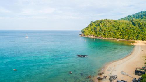 an aerial view of a beach with a boat in the water at 1511 Coconut Grove in Tioman Island