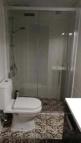 a bathroom with a toilet and a glass shower at Casa de Campo Talavera in Talavera de la Reina