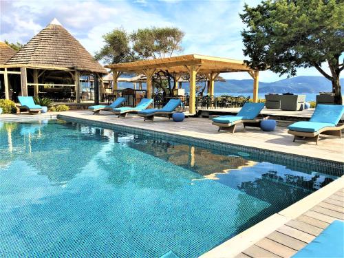 - une piscine avec des chaises bleues et un kiosque dans l'établissement Hotel Le Ruesco, à Olmeto