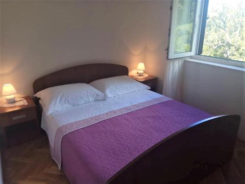 1 dormitorio con 1 cama grande con manta morada en Countryside Vacation House VITEZ en Babino Polje