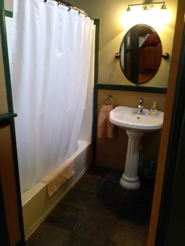 a bathroom with a shower curtain and a sink at The Inn in Westport in Westport