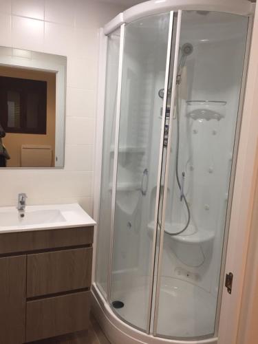 a bathroom with a shower and a sink at La Costeta de Beseit in Beceite