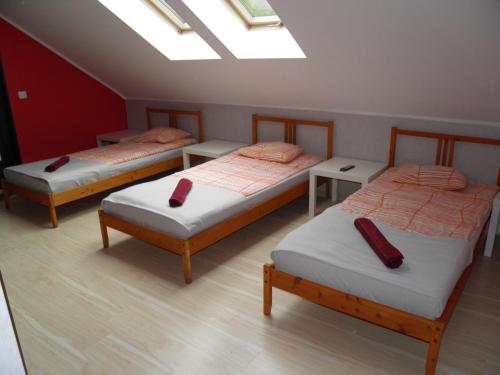 three beds in a room with a skylight at Marianki in Dąbrowa Górnicza