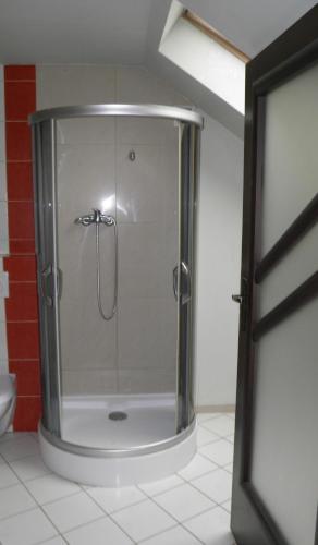W łazience znajduje się prysznic ze szklanymi drzwiami. w obiekcie Marianki w mieście Dąbrowa Górnicza