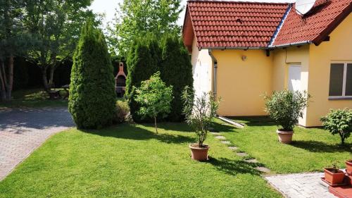 a yard with two potted trees and a house at Anna villa in Lenti
