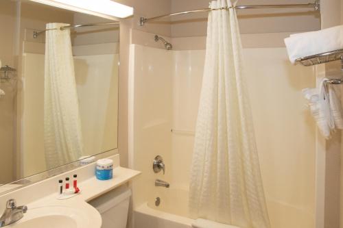 a bathroom with a shower and a toilet and a sink at Microtel Inn & Suites Lodi in Lodi