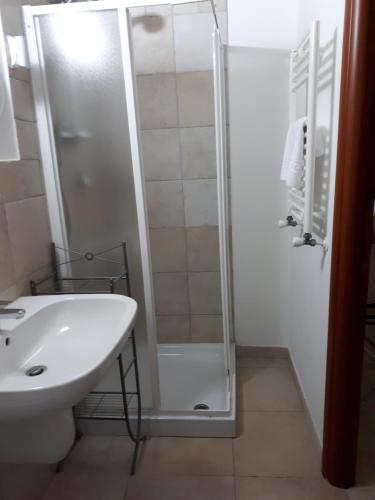 La salle de bains est pourvue d'une douche et d'un lavabo. dans l'établissement La Rosa dei Sassi, à Matera