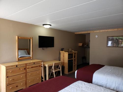 a bedroom with a bed and a dresser and a television at Woodside Dells Hotel & Suites in Wisconsin Dells