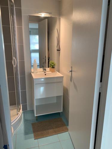 une salle de bain avec un lavabo et un miroir dans l'établissement Le studio de la plage centrale, à Arcachon