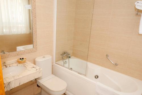 a bathroom with a toilet and a tub and a sink at Abadía Burgos Camino Santiago in Burgos