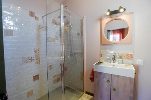 La salle de bains est pourvue d'une douche, d'un lavabo et d'un miroir. dans l'établissement L'EN VERT, à Bagnères-de-Bigorre