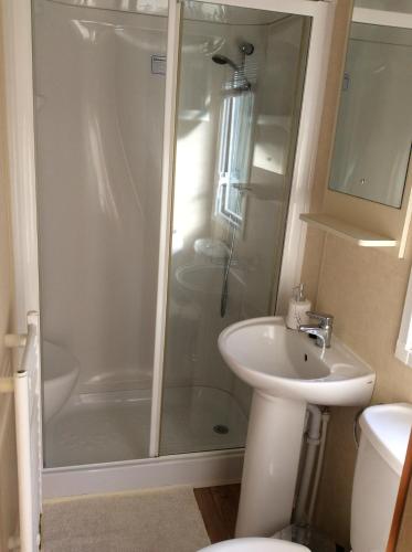 a bathroom with a shower and a sink at 74, Orchard Park in Paignton