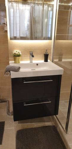a bathroom with a black and white sink and a mirror at La Loge Du Vieux Lyon in Lyon