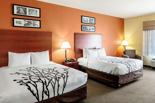 um quarto de hotel com duas camas e paredes cor de laranja em Sleep Inn & Suites Tyler South em Tyler