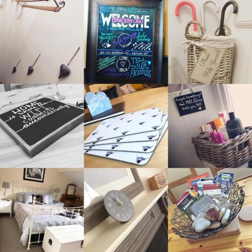a collage of pictures of a room with a table with items at Bracken Crag in Bowness-on-Windermere