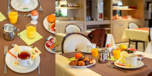 two pictures of a table with breakfast foods and orange juice at Kyriad Toulouse Blagnac Aéroport in Blagnac