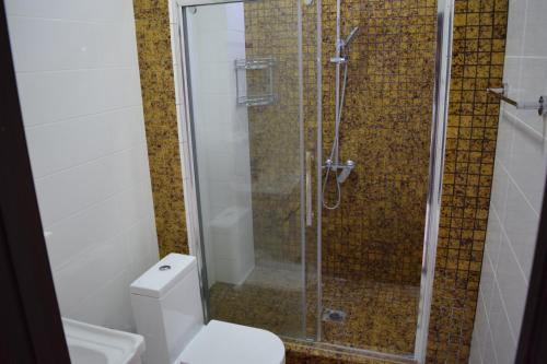 a bathroom with a glass shower with a toilet at FlatRent apartment in Bishkek