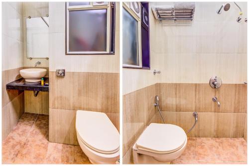 2 immagini di un bagno con servizi igienici e lavandino di Hotel Dreamland a Lonavala
