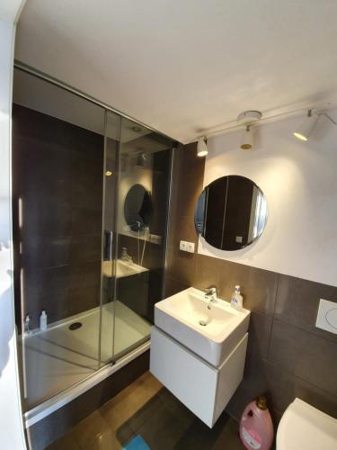 La salle de bains est pourvue d'un lavabo et d'une douche en verre. dans l'établissement Prawdopodobnie najlepsze miejsce przy OFF Piotrkowska, à Łódź