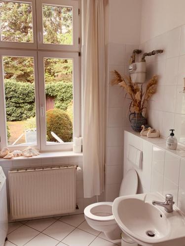a bathroom with a toilet and a sink and a window at Villa Anna in Zinnowitz