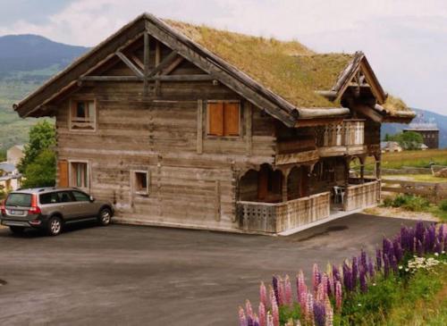 a log cabin with a grass roof at Ker Bela in Saint-Pierre-dels-Forcats