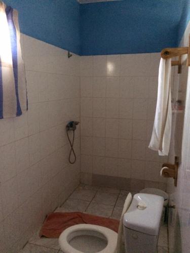 a bathroom with a toilet and a blue ceiling at N'Danthiéné Lodge in Ndangane