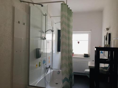 uma casa de banho com um chuveiro, uma banheira e um lavatório. em Posthof Kerstenhausen em Borken