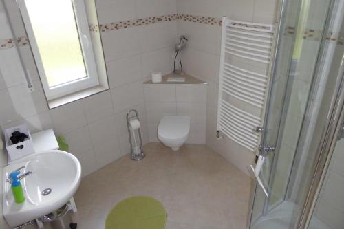 a bathroom with a toilet and a sink and a shower at Ferienwohnung Weitermann in Berg