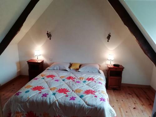 1 dormitorio con 1 cama y 2 mesitas de noche en La Peupleraie en Bégard