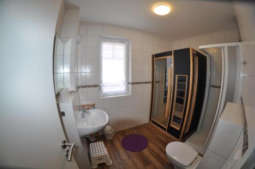 a bathroom with a shower and a toilet and a sink at Ferienhaus Müritzzauber / EG-Appartement in Marienfelde