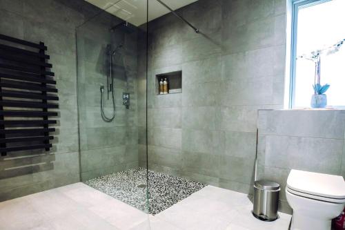 y baño con ducha de cristal y aseo. en The Beeches, en Killarney