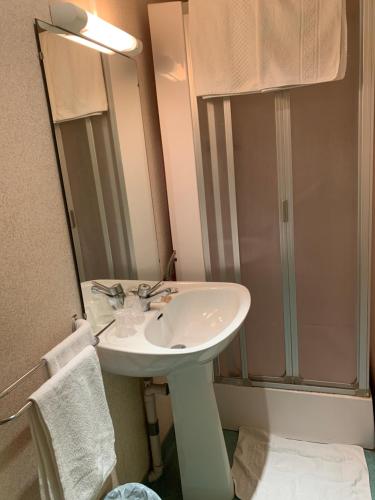 a bathroom with a white sink and a shower at Hotel des voyageurs Chez Betty in Neussargues-Moissac