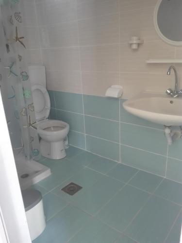 a bathroom with a toilet and a sink at Andreas Apartments in Kefalos