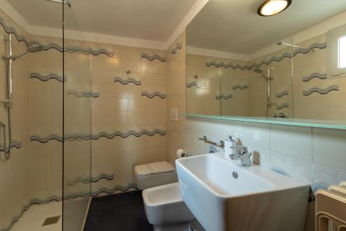 uma casa de banho com um lavatório e uma cabina de duche em vidro. em Appartamento Tosca em Verona