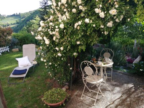 a garden with two chairs and a table and flowers at La Terrazza sul Monferrato in Ozzano Monferrato