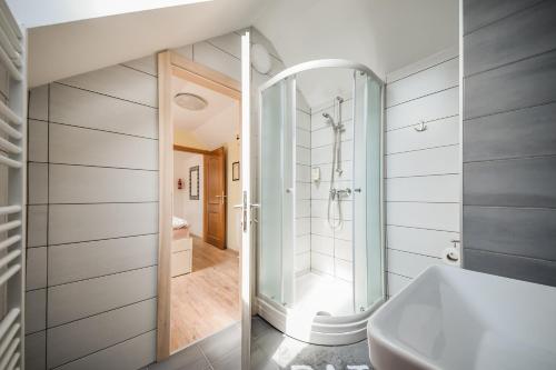 uma casa de banho com um chuveiro e um lavatório. em Apartments Maria em Liubliana
