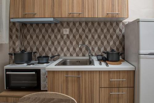 a kitchen with a sink and a stove with two pots at Georgalas Rest Apartments in Nea Kalikratia