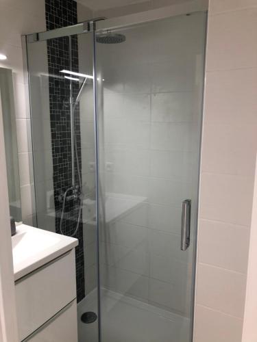 La salle de bains est pourvue d'une douche avec une porte en verre. dans l'établissement appartement Cap d’Agde, au Cap d'Agde