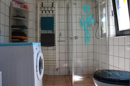 a bathroom with a washing machine and a toilet at Susanne in Koblenz