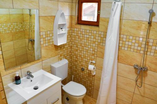 y baño con aseo, lavabo y ducha. en Jázmin Apartman, en Buzsák