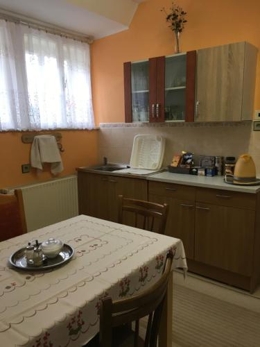 uma cozinha com uma mesa com uma toalha de mesa em Byt - apartman em Větřní