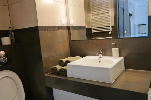 a bathroom with a white sink and a toilet at Apartament Ryska 3A in Białystok