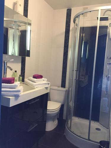 une salle de bain avec toilettes et douche en verre dans l'établissement Tu Casa parking fibre optique Netflix, à Saint-Raphaël