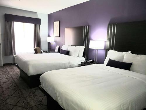 two beds in a hotel room with purple walls at SureStay Plus Hotel by Best Western Warner Robins AFB in Warner Robins