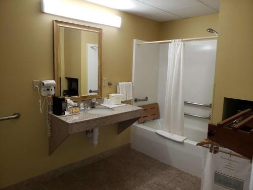 a bathroom with a sink and a shower at SureStay Plus Hotel by Best Western Warner Robins AFB in Warner Robins