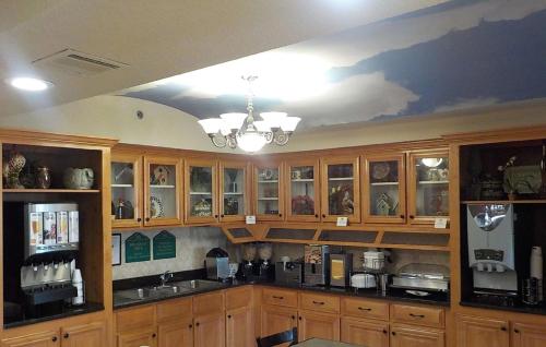 a kitchen with wooden cabinets and a ceiling at SureStay Plus Hotel by Best Western Warner Robins AFB in Warner Robins