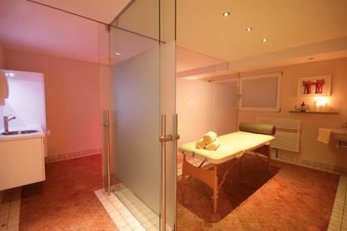 シュタイナハ・アム・ブレンナーにあるAppartements zur Roseのバスルーム(ガラス張りのシャワー、シンク付)